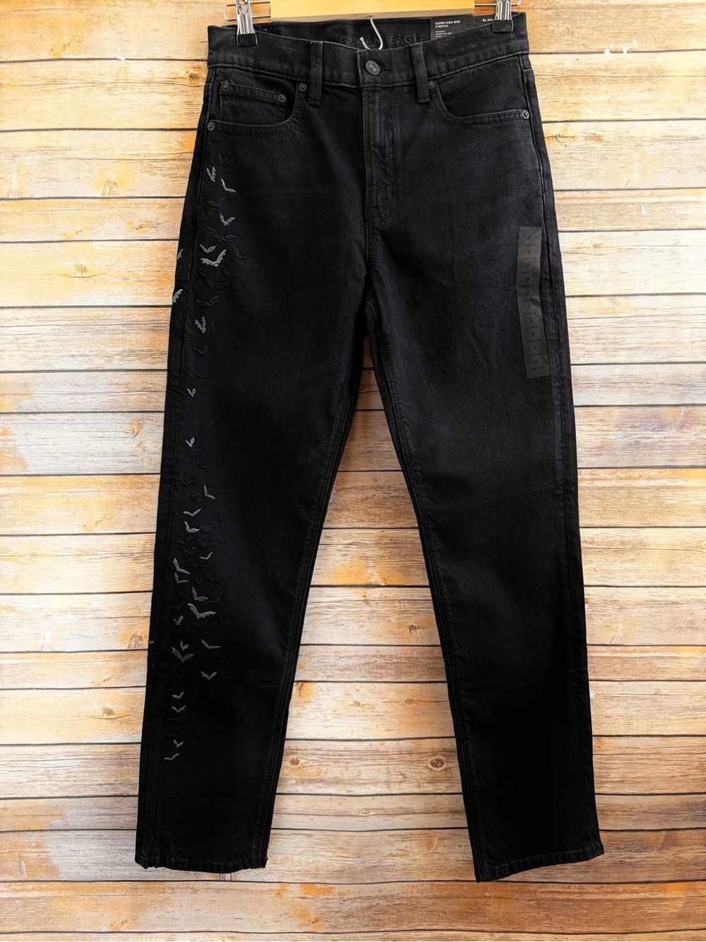 American Eagle Black Jeans Super High Rise Straight Halloween Bats Size 2 NWT